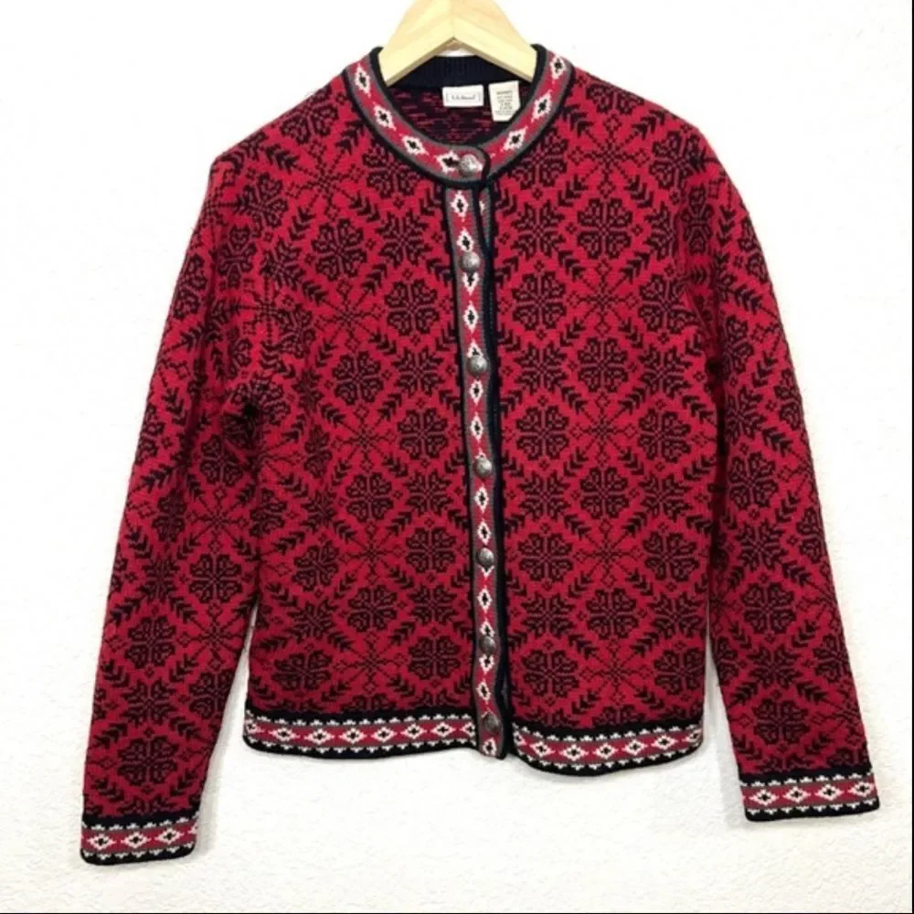 Vintage L.L Bean Wool Icelandic Red Cardigan Sweater Size S